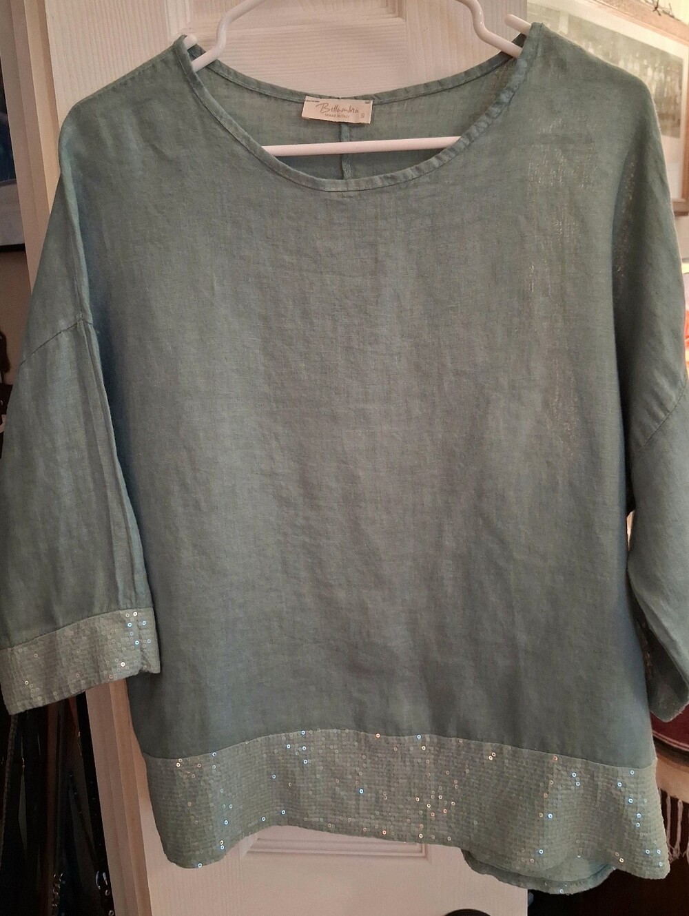 BELLA UMBRA Light Teal Linen-Sequin  Top sz S MADE IN ITALY